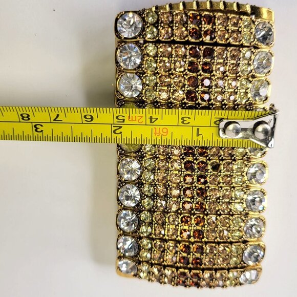 Shimmering Clear Rhinestone Sparkly Gold Tone Formal Thick Bracelet - Picture 4 of 13